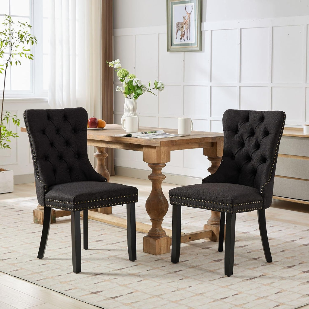 Ball & Cast Contemporary Upholstered Dining Chairs Set of 2, Flax Button Tufted Kitchen Side-Chairs with Hang Ring & Nailhead Trims & Wood Legs, 2-Piece Backrest Traditional Chair, Black+Black