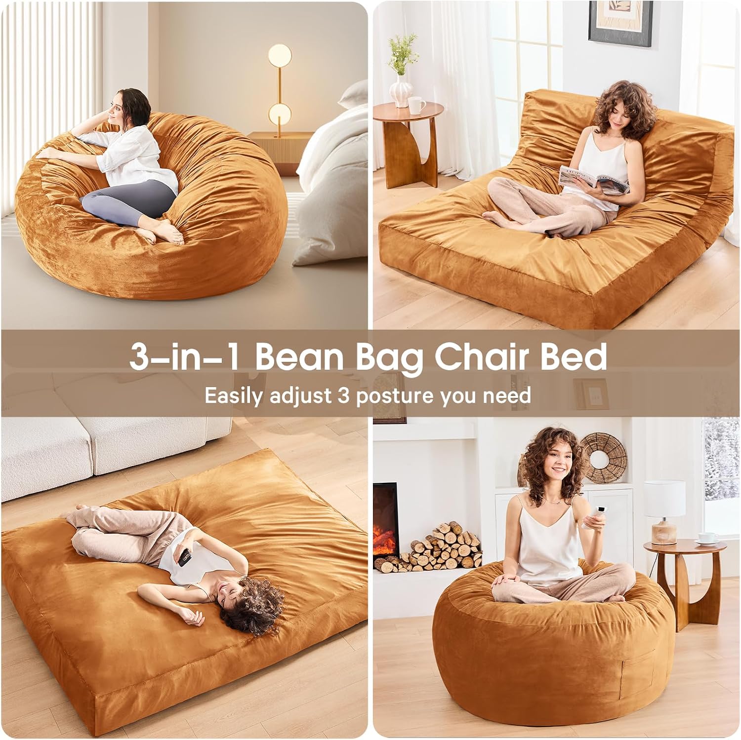 Bean Bag Chairs for Adults - Giant Bean Bag Chair Convertible Bean Bag Bed - Beanbag Chair with Micro Fiber Cover/Furniture Foam Filler - Floor Couch Sofa in Bedroom Dorm Room - Full Golden Brown