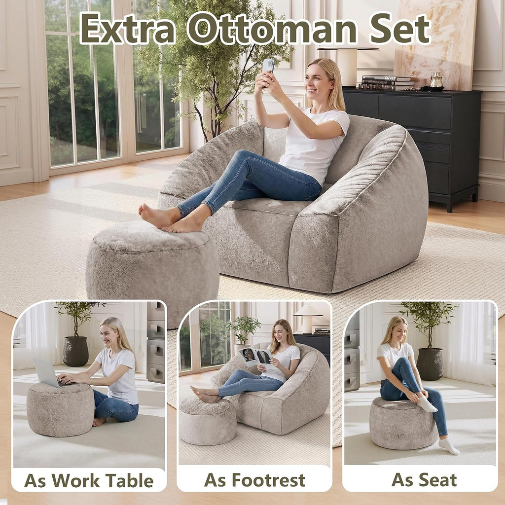 Bean Bag Chairs with Ottoman for Adults, Comfy Beanbag Chair with High-Resilience Foam, Oversized Bean Bag Sofa with Soft Faux Fur Fabric, Bean Bag Chair for Living Room,Bedroom,Khaki