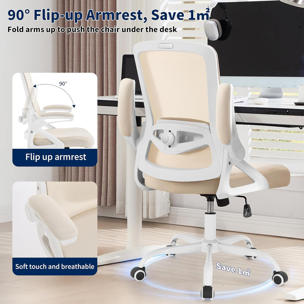Ergonomic Office Chair, Desk Chair with Adjustable Lumbar Support, Breathable Mesh Comfy Computer Chairs with Flip-up Armrests Executive Task Chair for Adults Home Office (Buff Beige)