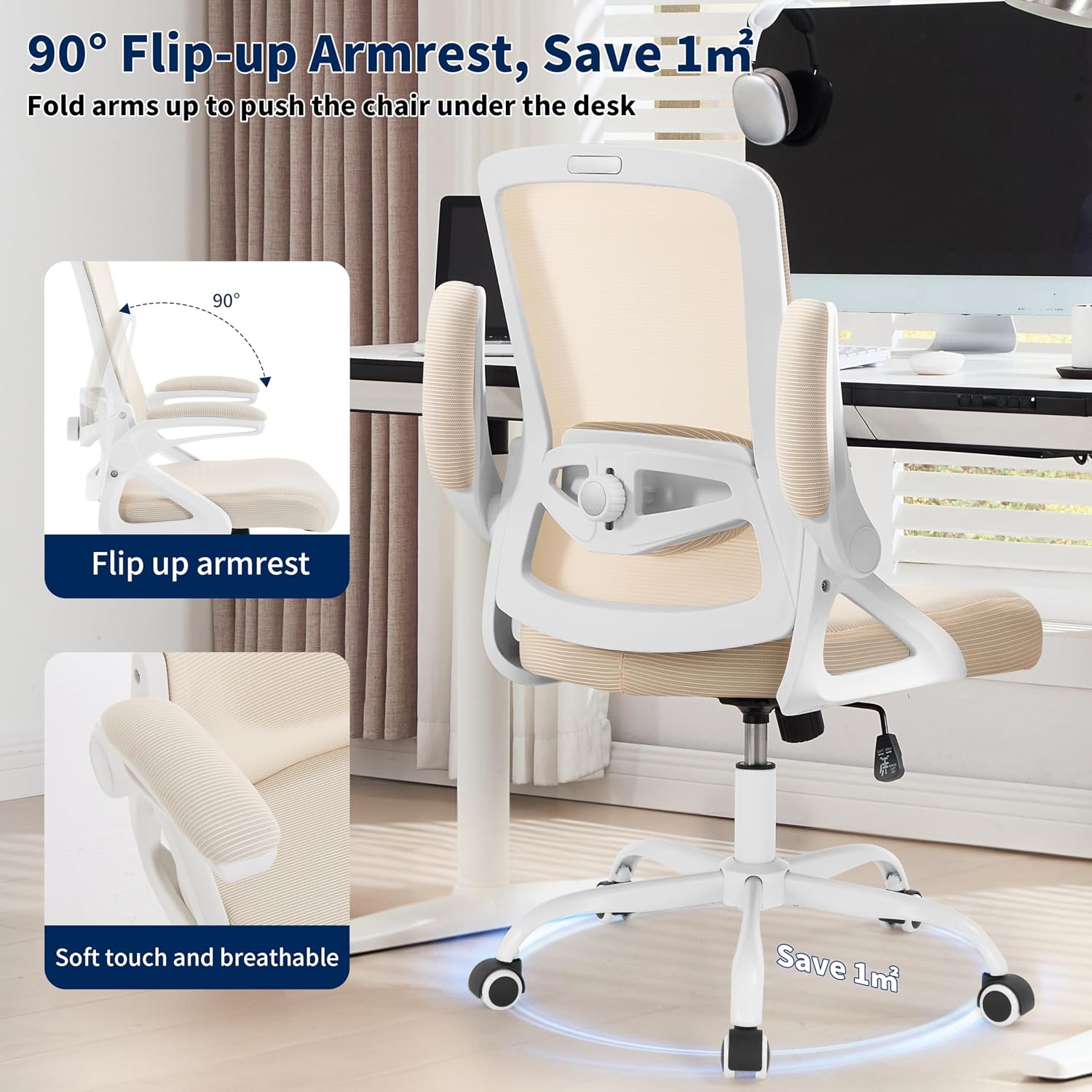 Ergonomic Office Chair, Desk Chair with Adjustable Lumbar Support, Breathable Mesh Comfy Computer Chairs with Flip-up Armrests Executive Task Chair for Adults Home Office (Buff Beige)