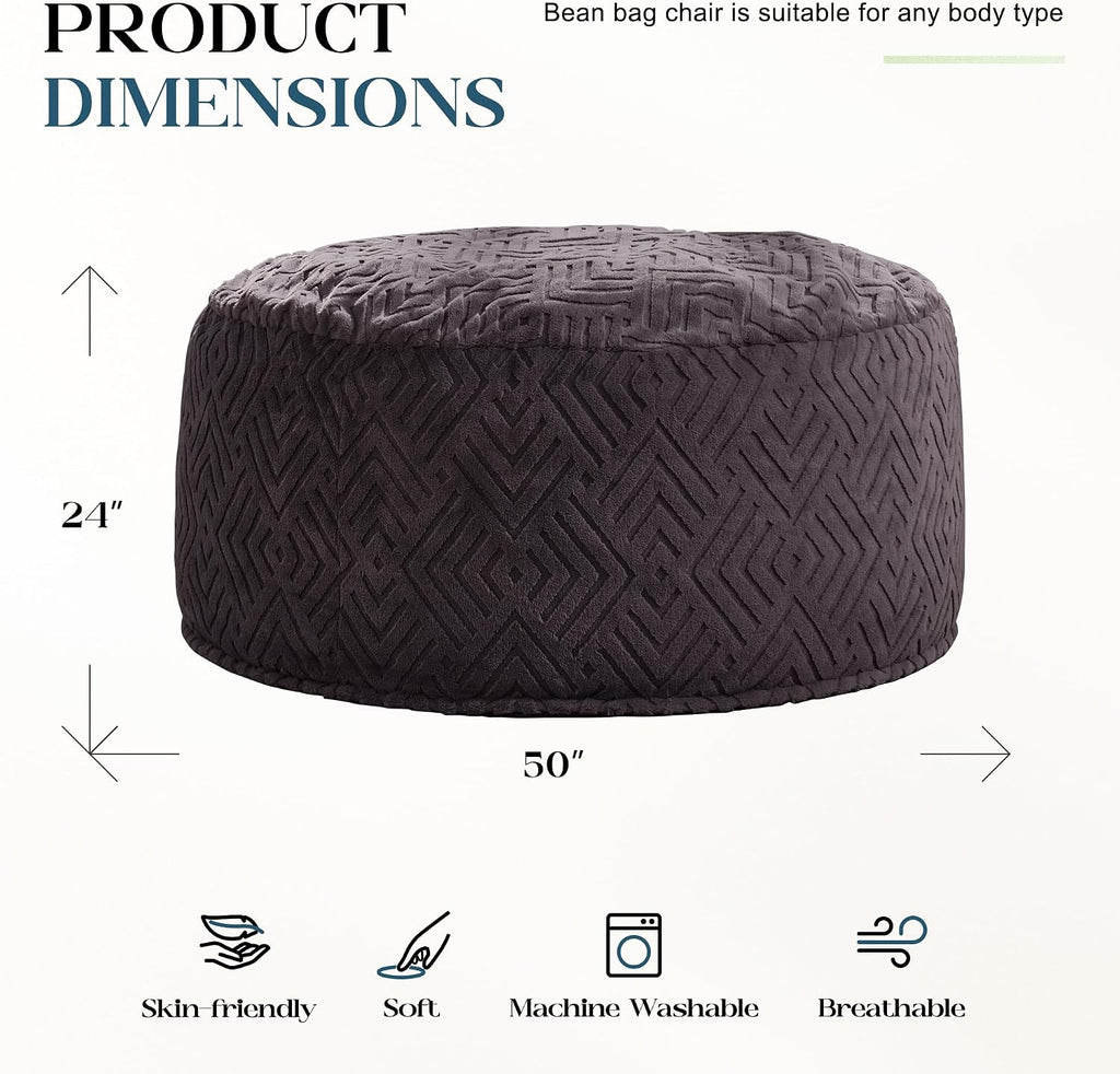 Hobestluk Bean Bag Chairs Adults Beanbag Chair with Filler Large Bean Bags with Fluffy Embossed Cover, Giant Bean Bag Chairs for Adults (Dark Grey, 5FT - 50' x 50' x 24')