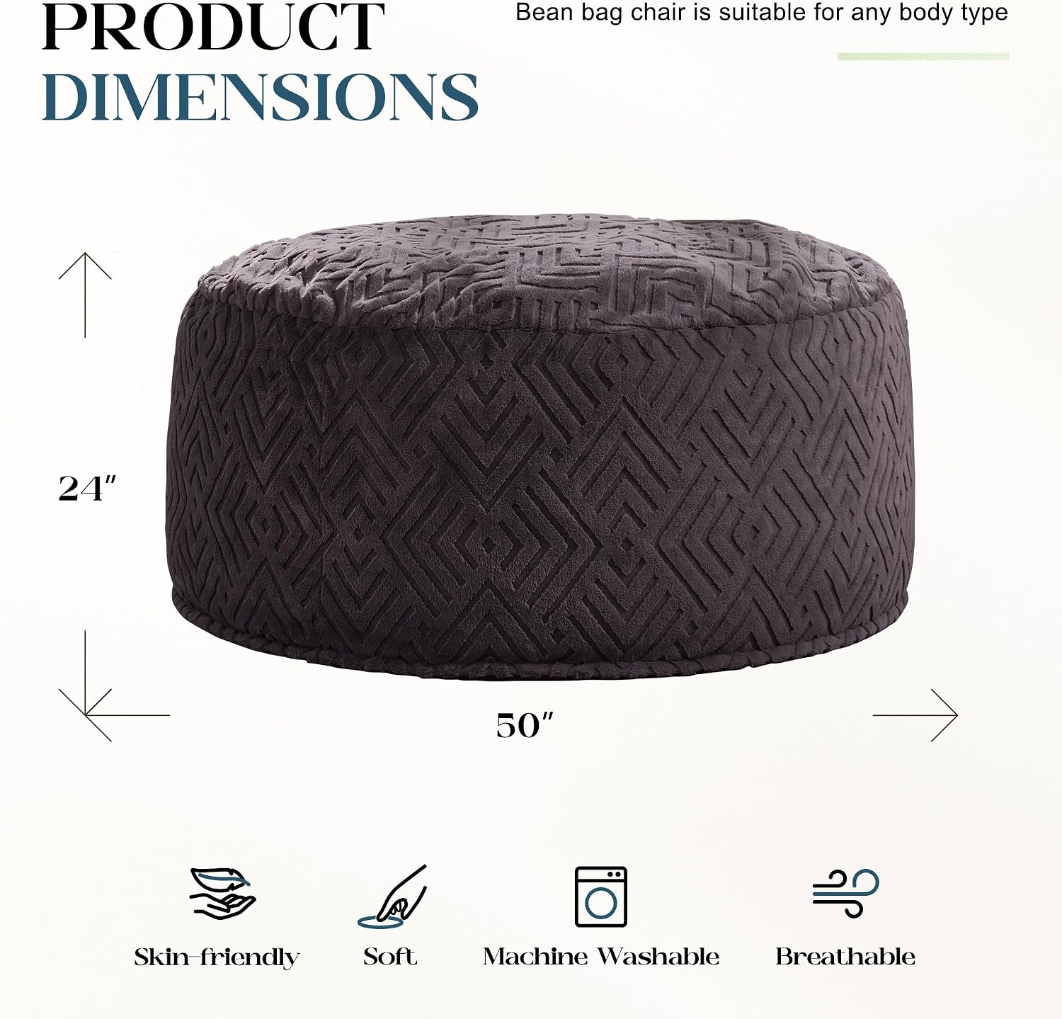 Hobestluk Bean Bag Chairs Adults Beanbag Chair with Filler Large Bean Bags with Fluffy Embossed Cover, Giant Bean Bag Chairs for Adults (Dark Grey, 5FT - 50' x 50' x 24')