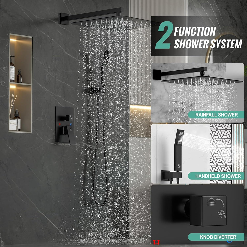 SR SUN RISE Matte Black Square Rainfall Shower Head and Handle Set, Wall Mounted Shower Fixtures, Metal Shower Faucet Trim Repair Kits (With Shower Valve) 16 Inches