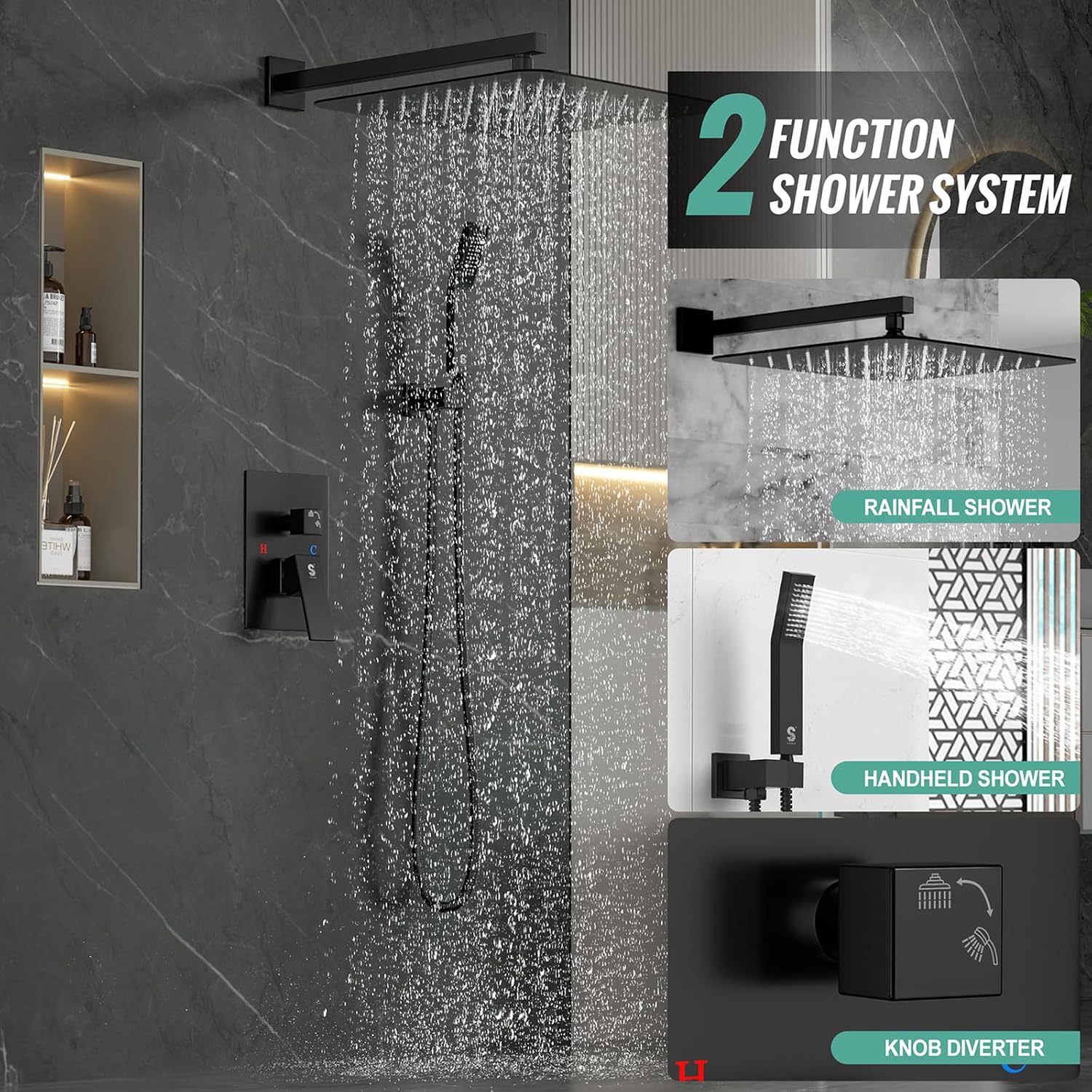 SR SUN RISE Matte Black Square Rainfall Shower Head and Handle Set, Wall Mounted Shower Fixtures, Metal Shower Faucet Trim Repair Kits (With Shower Valve) 16 Inches