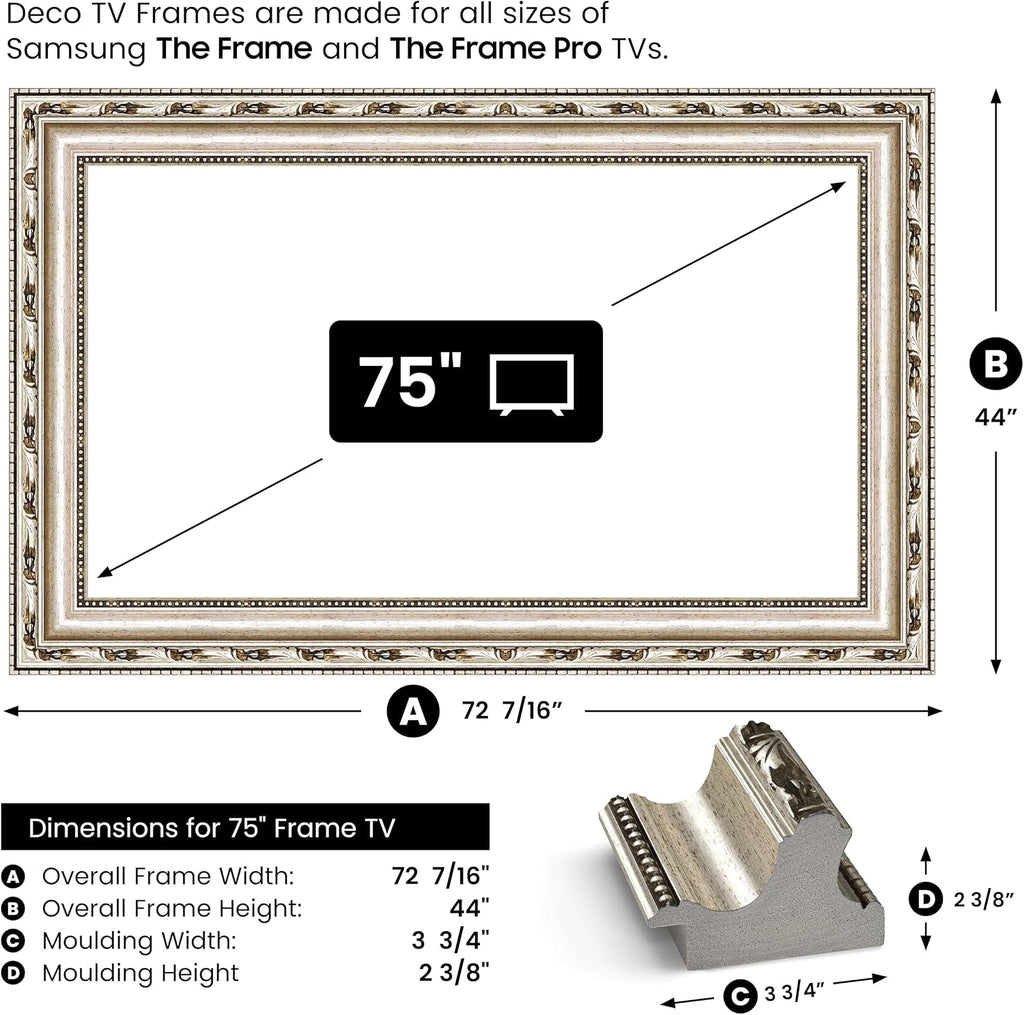 Ornate Silver 75' Premiere Deco TV Frame - Compatible ONLY with Samsung The Frame TV and Pro TVs (Fits 2021-2026, LS03A, LS03B,LS03C,LS03D,LS03FA,LS03FW)