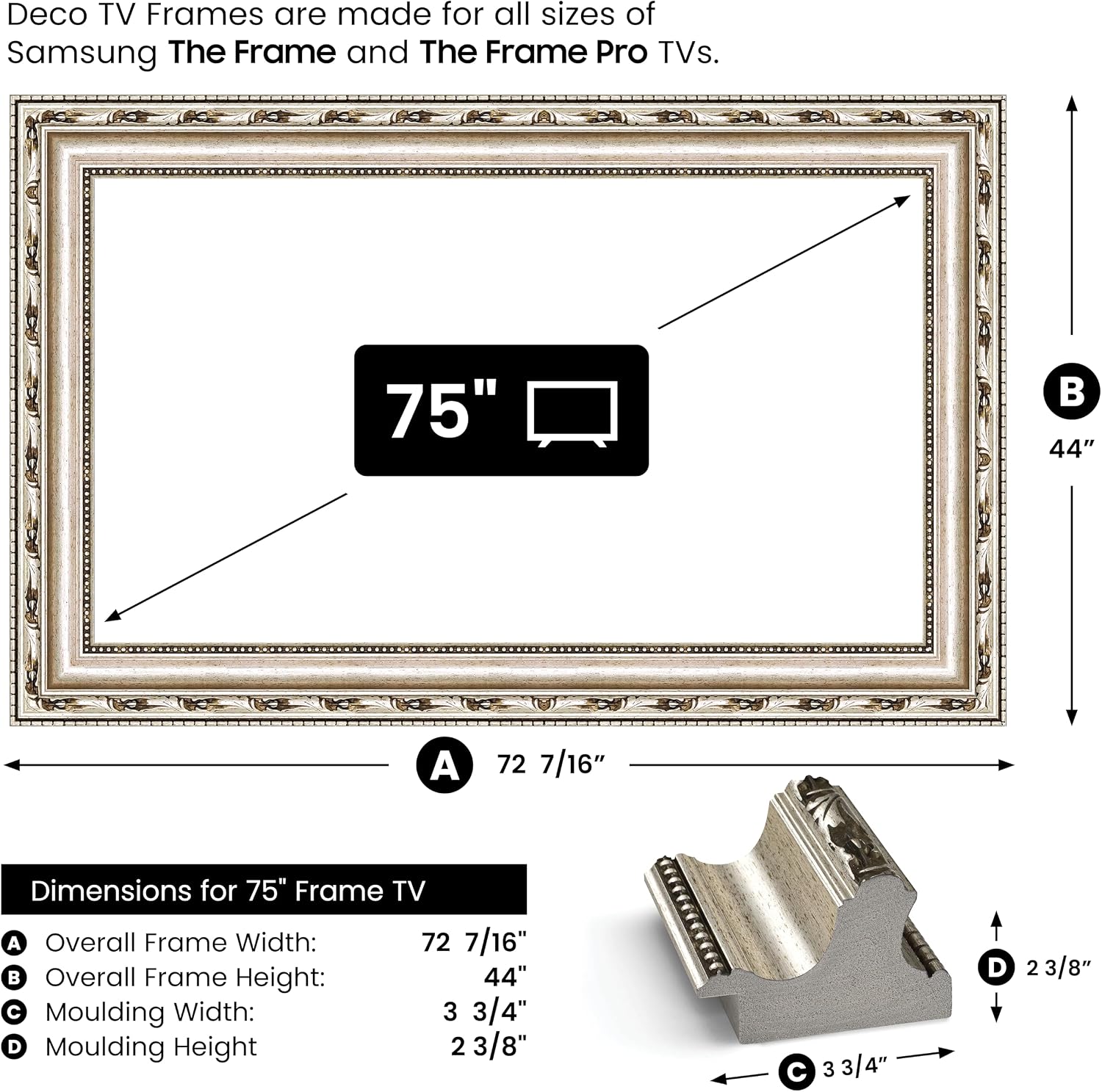 Ornate Silver 75' Premiere Deco TV Frame - Compatible ONLY with Samsung The Frame TV and Pro TVs (Fits 2021-2026, LS03A, LS03B,LS03C,LS03D,LS03FA,LS03FW)