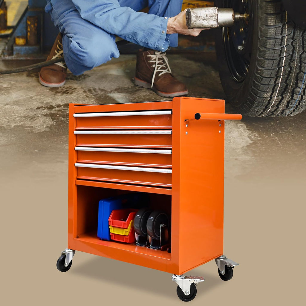 Holaki 4-Drawer Tool Cart on Wheels, Rolling Tool Box Tool Storage,Heavy Duty Utility Industrial Service Cart Organizer Tool Case with Locking System, for Mechanic, Warehouse, Garage,Workshop(Orange)