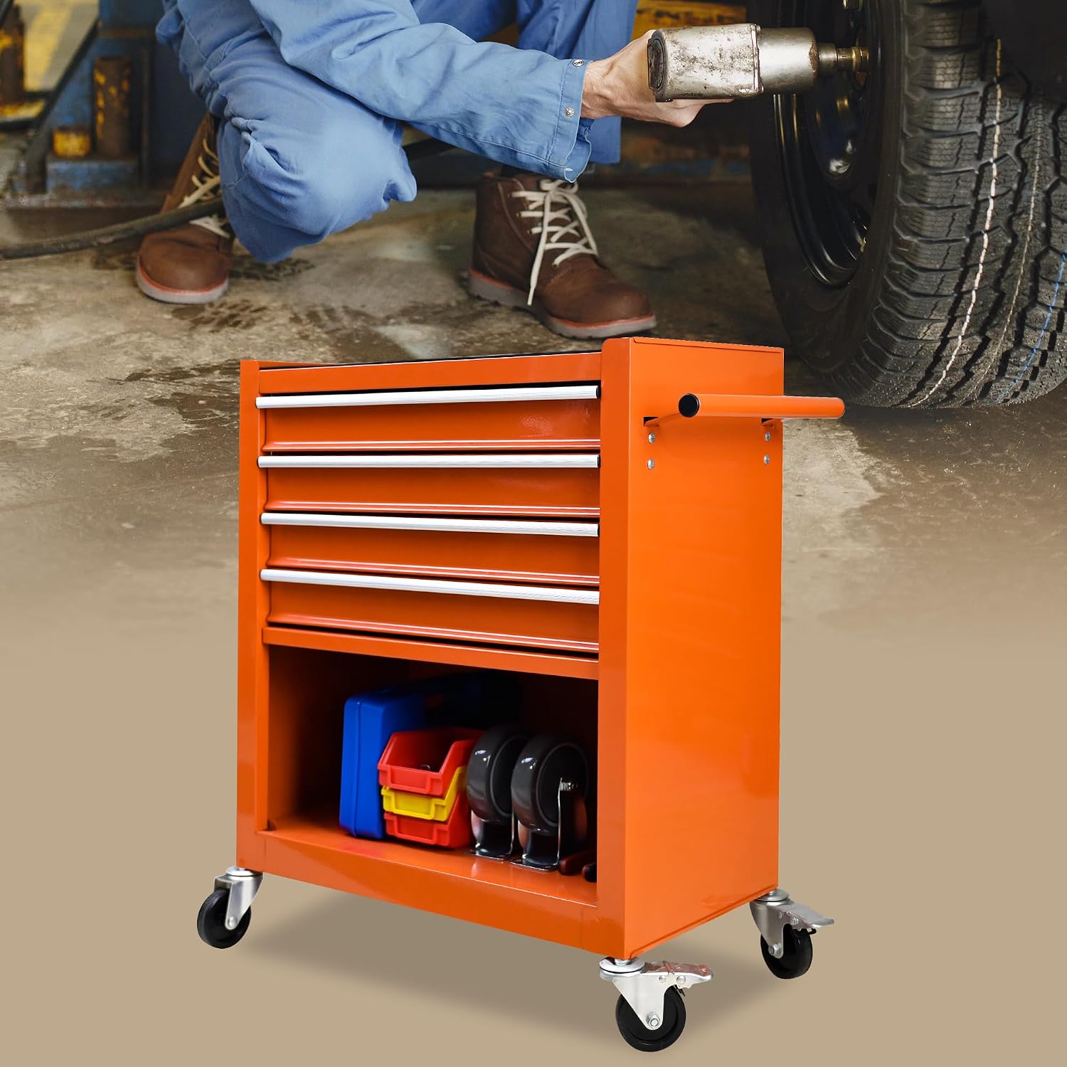 Holaki 4-Drawer Tool Cart on Wheels, Rolling Tool Box Tool Storage,Heavy Duty Utility Industrial Service Cart Organizer Tool Case with Locking System, for Mechanic, Warehouse, Garage,Workshop(Orange)