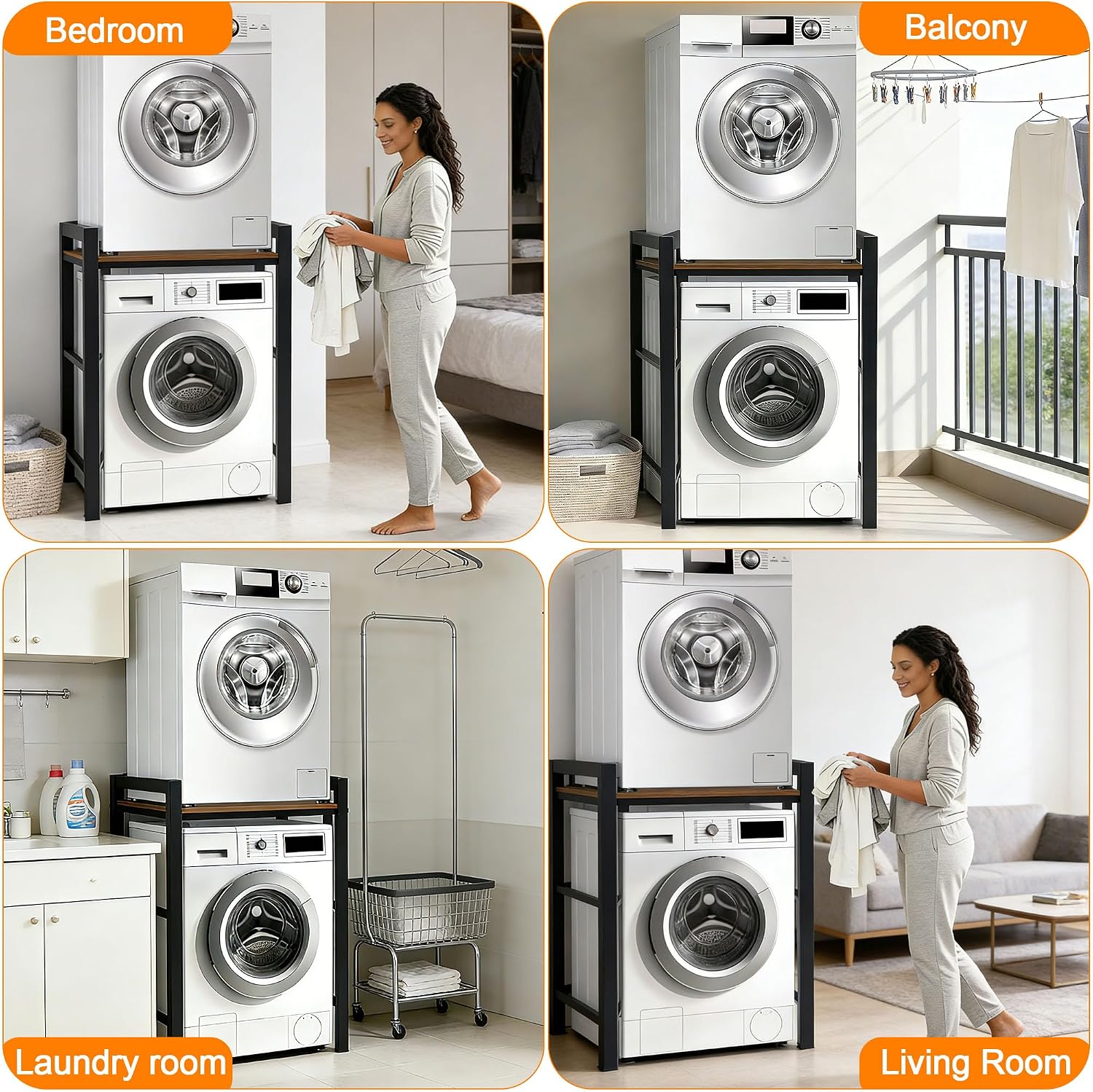 Washer Dryer Stacking Rack, 660lbs Capacity Heavy Duty Washer and Dryer Stacking Stand, 3 Adjustable Height Washing Machine Shelf for Compact Apartment, Laundry Rooms, Bathrooms and RV ((Black)