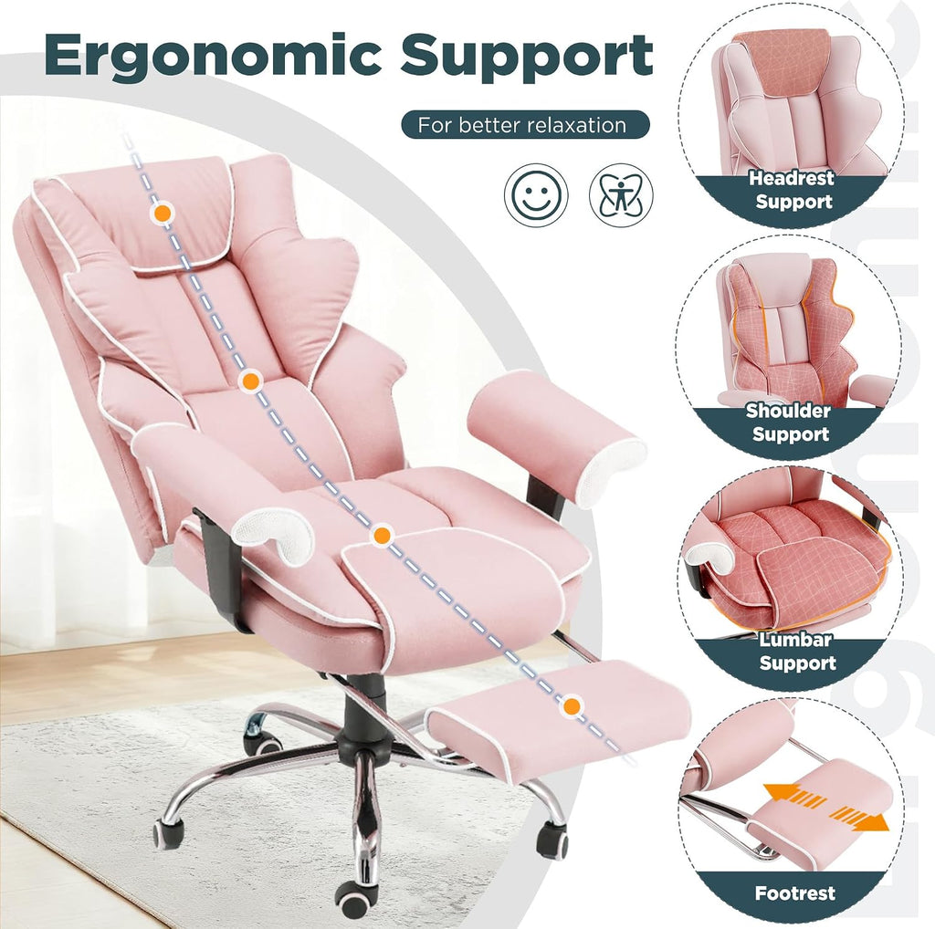 HOMREST Pink Ergonomic Office Chair with 6-Point Vibration Massage & Heat – Reclining Executive Chair with Adjustable Footrest and Armrests, PU Leather Big and Tall Home Office Desk Chair