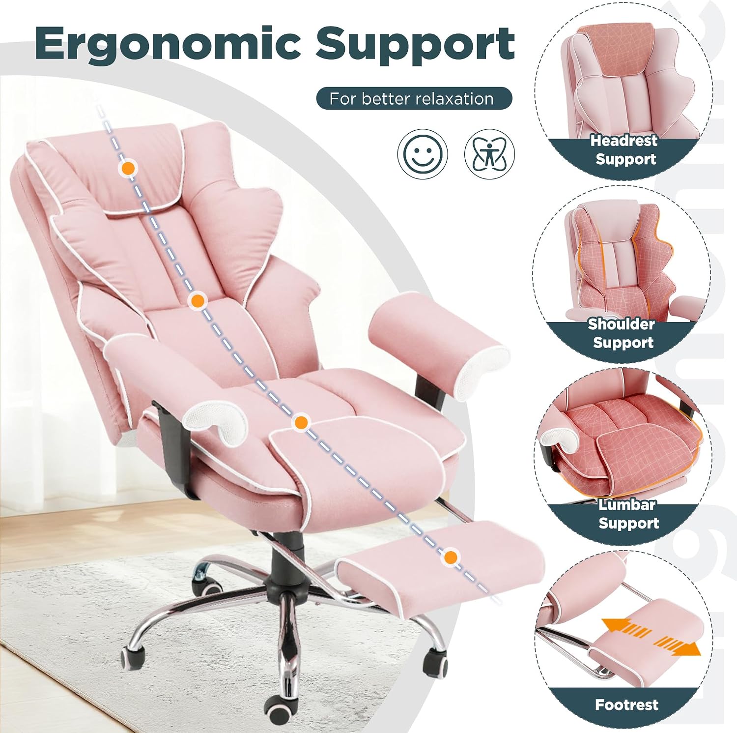 HOMREST Pink Ergonomic Office Chair with 6-Point Vibration Massage & Heat – Reclining Executive Chair with Adjustable Footrest and Armrests, PU Leather Big and Tall Home Office Desk Chair