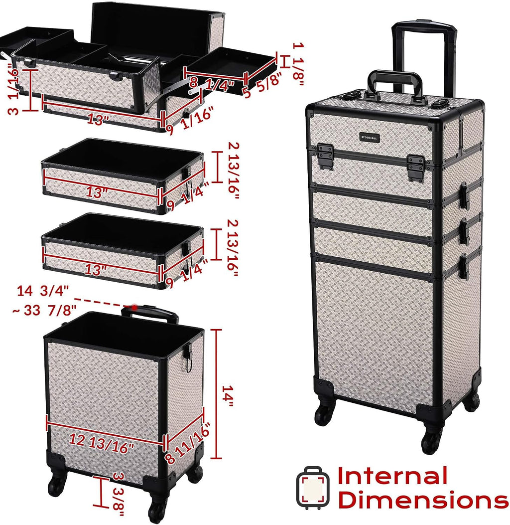 BYOOTIQUE 4in1 Rolling Makeup Case Large Cosmetology Case on Wheels,Easy Access Cosmetic Organizer Travel Case for Makeup Artist Hairstylist,Art Deco Graphite