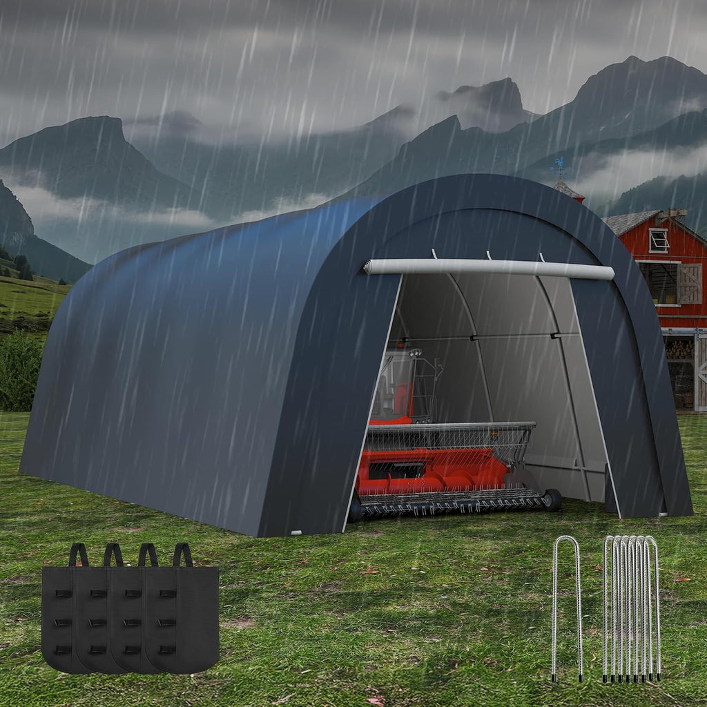 FansaFurn Domed Carport with 4 Cloth Bags, Portable Garage with 2 Roll-up Doors, Heavy Duty Car Canopy Party Tent, All-Season Storage Shelter Shed for Boat, Truck, or Garden Tools, 12' x 25'