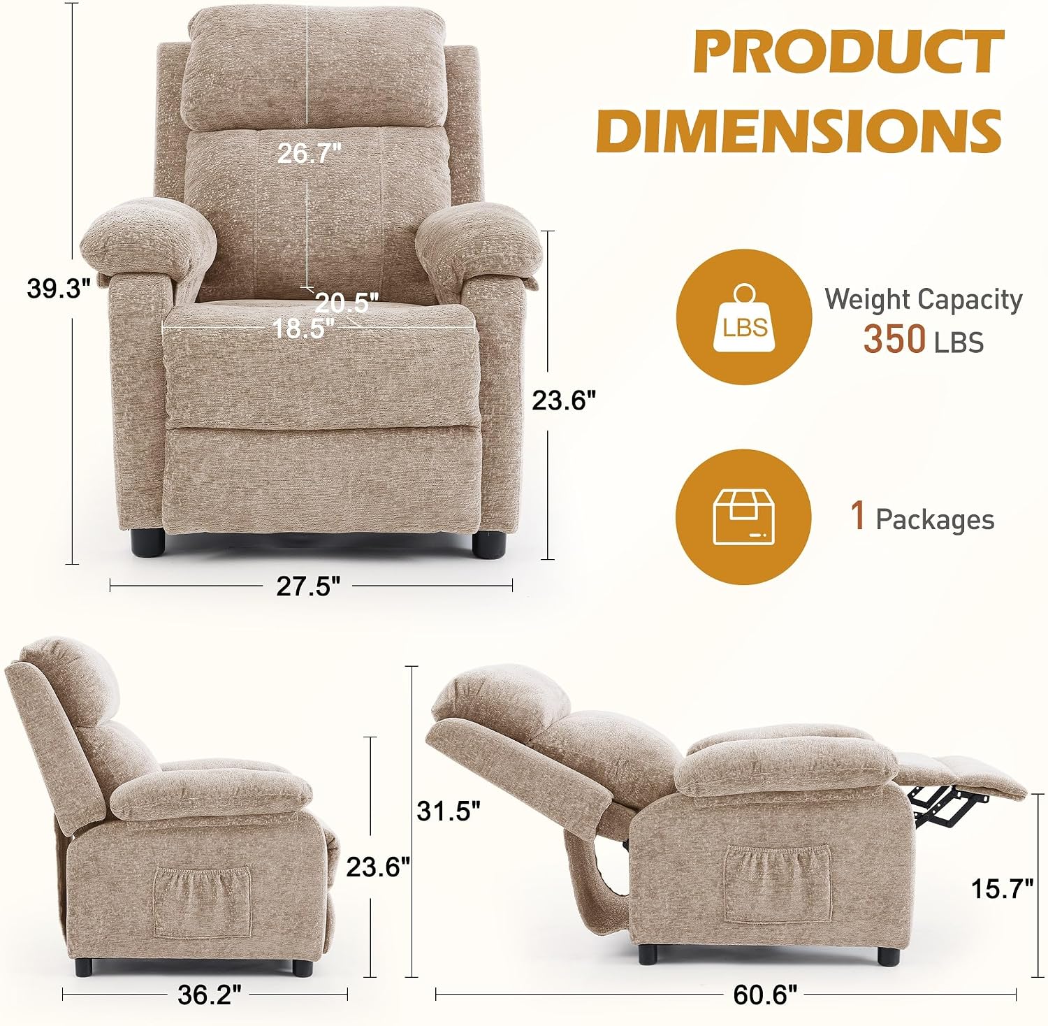 Korser Recliner Chair, Living Room Chairs for Adults, Padded Deep Seat Reading Chair with Side Pockets, Small Recliners for Small Spaces, Lounge Chair for Living Room, Bedroom, and RV (Chenille)