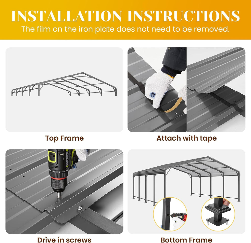 20x20 FT Car Port, Metal Carport for 2 Cars, Heavy Duty Canopy Carport with Updated Roof & Enhanced Base, Garage Vertaile Carports for RV Car, Truck, Boat, Tractors, Party, Grey