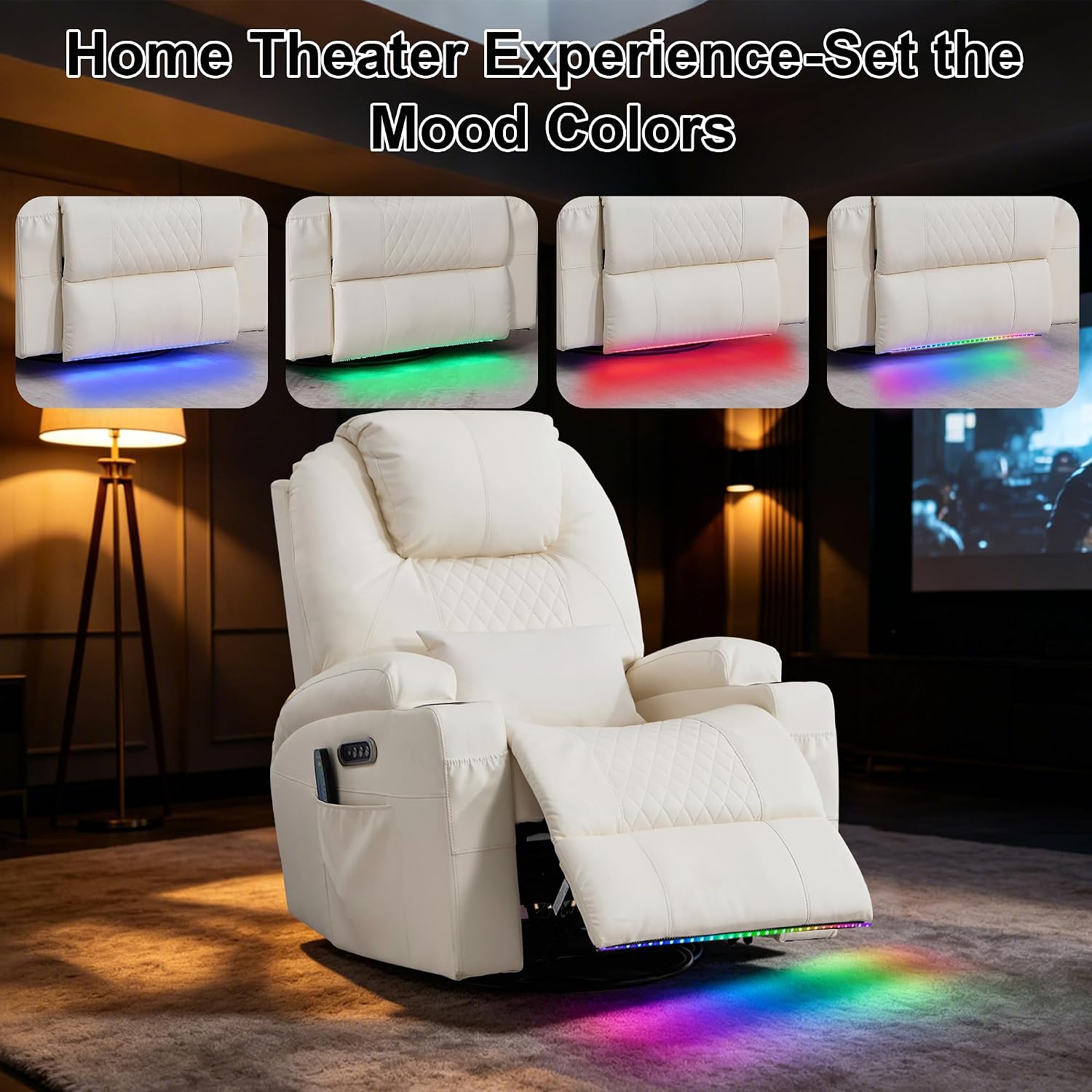Dual Motor Power Swivel Rocker Recliner Chair for Adults with Heat and Massage,Electric Wall Hugger Glider Rocking Recliner for Nursery Living Room with LED Lights,USB A&C Ports(Beige, Single)