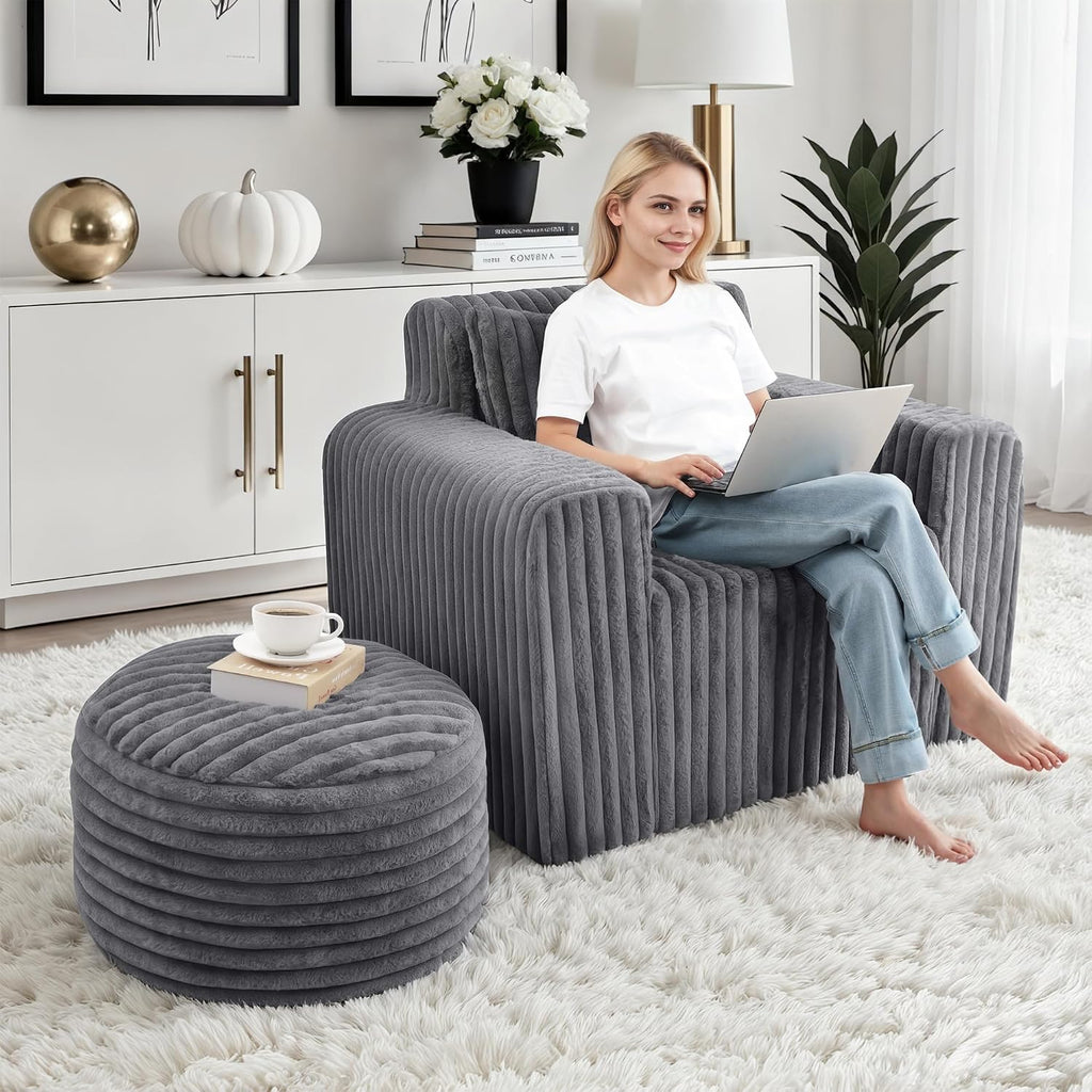 HABUTWAY Bean Bag Chair for Adults with Pillow, Giant Bean Bag Chairs with Ottoman, Comfy Dorm Chair with High Backrest & Wider Armrest, Lounger Chair Indoor for Bedroom Living Room(Grey)