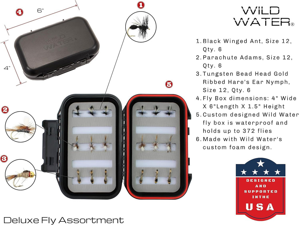 Wild Water Deluxe Fly Fishing Combo Starter Kit, 5 or 6 Weight 9 Foot Fly Rod, 4-Piece Graphite Rod with Cork Handle, Accessories, Die Cast Aluminum Reel, Carrying Case, Fly Box Case & Fishing Flies