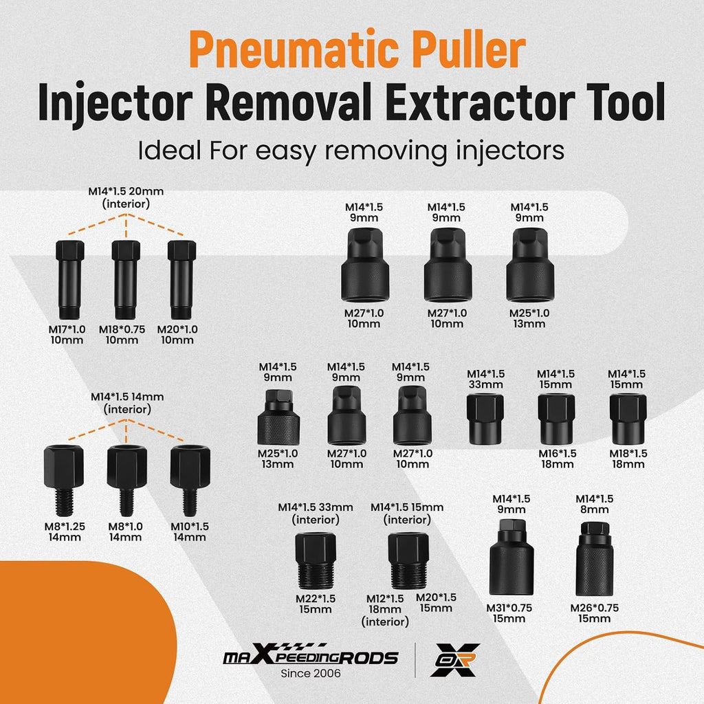 maXpeedingrods Pneumatic Injector Puller Set, 24 pcs 5-8 Bar Air Vibration Diesel Fuel Injector Removal Tool Kit with Extractor Hammer, 19 Adapters, Extension Hose, and EU US JP Connectors