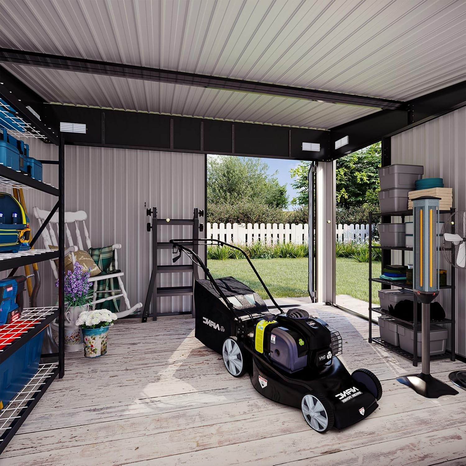 354 cu.ft Shed 9.5x7.4 Ft Premium Galvanized Steel Storage Sheds with Triple Doors Weatherproof Outdoor Utility Sheds, Dual Lock Lean to Shed for Mower, Bike, Generator, Garden Tools (Black)