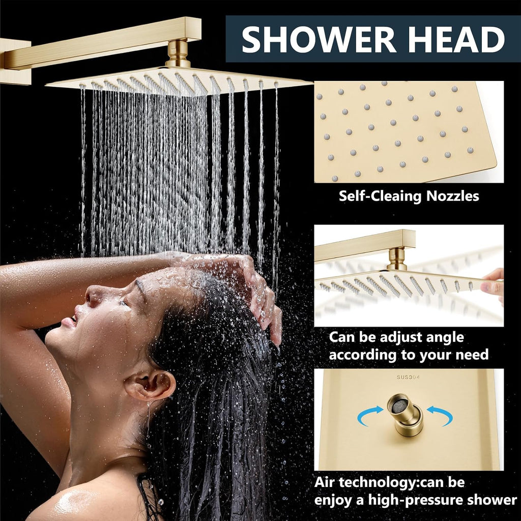 Aolemi Shower Faucet Set Rain Shower System with Handheld Spray Bathroom Shower Combo Rough-in Valve and Shower Trim Kit Included Brushed Gold 10 Inch Wall Mount Shower Head