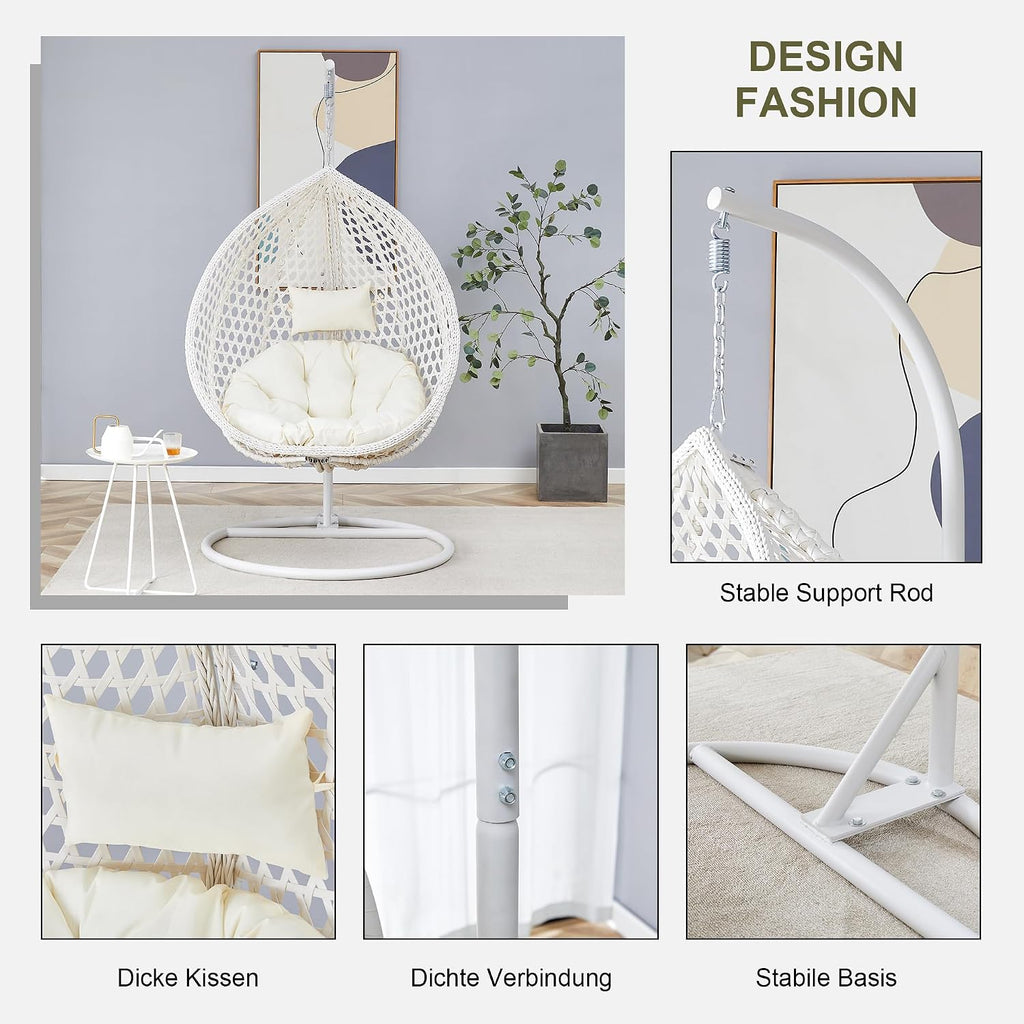 Egg Swing Chair with Stand,White Swing Egg Chair with Stand, Rattan Hanging Egg with Soft Cushion, Outdoor Hanging with Foldable Basket and Metal Stand for Bedroom Patio