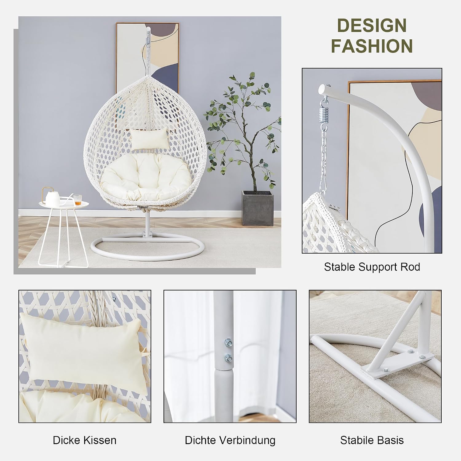 Egg Swing Chair with Stand,White Swing Egg Chair with Stand, Rattan Hanging Egg with Soft Cushion, Outdoor Hanging with Foldable Basket and Metal Stand for Bedroom Patio