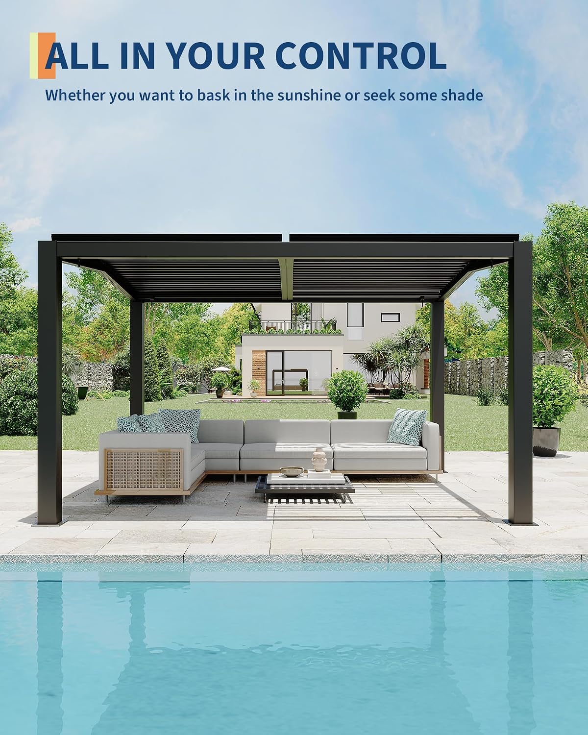 Louvered Pergola 11 Ft x 13 Ft, Outdoor Pergola with Adjustable Louvered Roof, Reinforced Aluminum Frame, Integrated Drainage System, Hardtop Gazebo for Patio, Deck, Wood Grain
