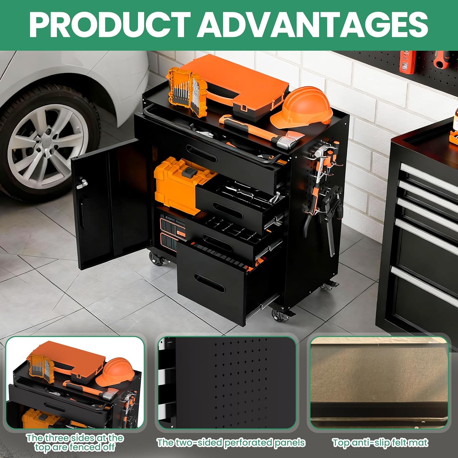 Garage Storage Cabinet,Metal Rolling Tool Cabinet with 2 Pegboard and 10 Hook,Heavy Duty Mechanics Tool Chest Storage for Workshop, Basement,Warehouse,Include Workbench Liner,Black