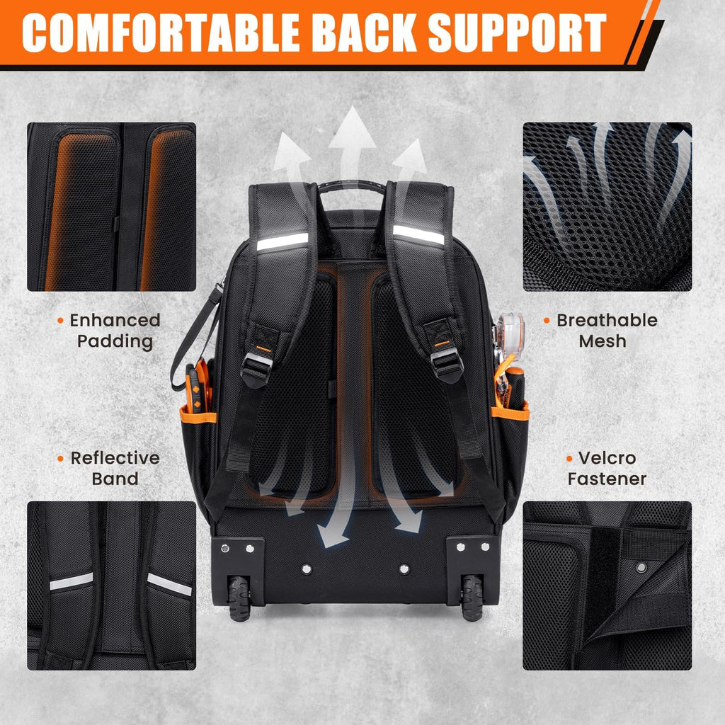 2-In-1 Rolling Tool Backpack Heavy Duty, Rolling Tool Bag with Wheels, 63-Pocket Tool Bags for Men, Waterproof Rolling Tool Backpack for Hvac Electrician Construction Mechanic