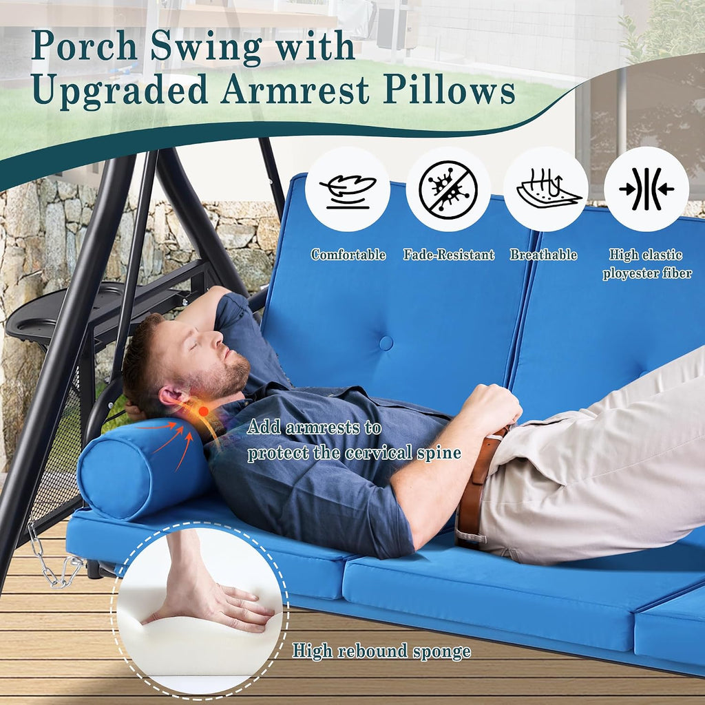 MAGIC UNION 3-Seat Outdoor Patio Swings with Canopy Adjustable Porch Swing with Stand, Upgrade Pillows Cushions and Foldable Side Tray for Patio, Backyard (Blue)