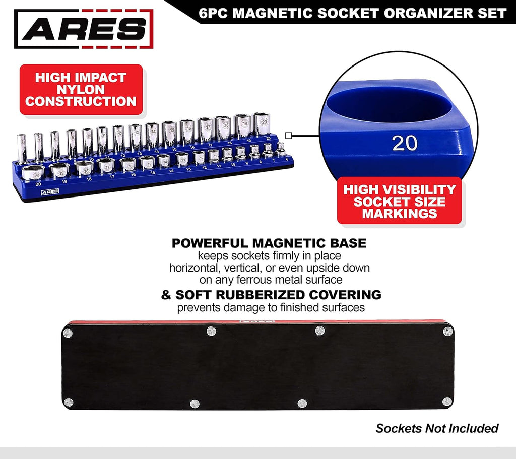ARES 60058-6-Piece Magnetic Socket Organizers - Metric and SAE Set Blue and Red -1/4 in, 3/8 in, 1/2 in Socket Holders -143 Pieces of Standard (Shallow) and Deep Sockets -Organize Your Tool Box
