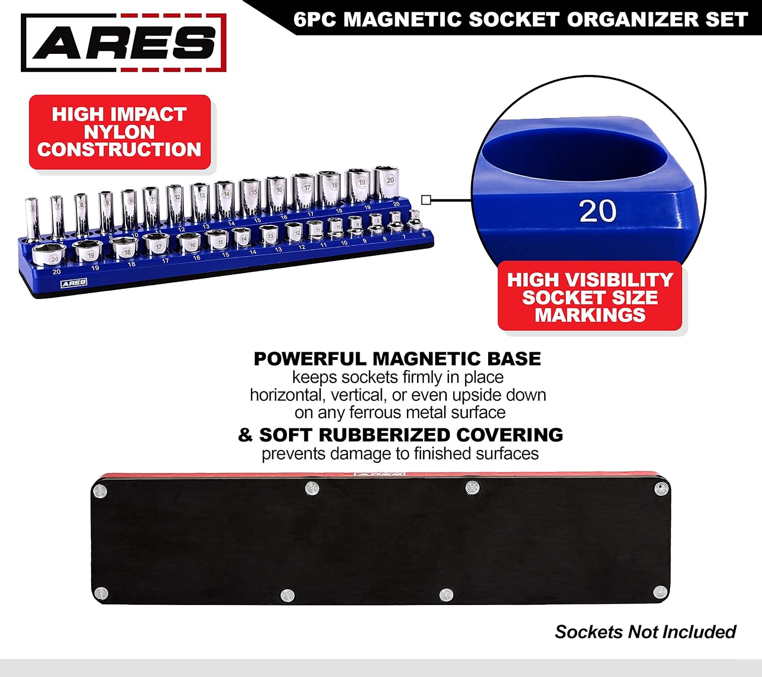 ARES 60058-6-Piece Magnetic Socket Organizers - Metric and SAE Set Blue and Red -1/4 in, 3/8 in, 1/2 in Socket Holders -143 Pieces of Standard (Shallow) and Deep Sockets -Organize Your Tool Box