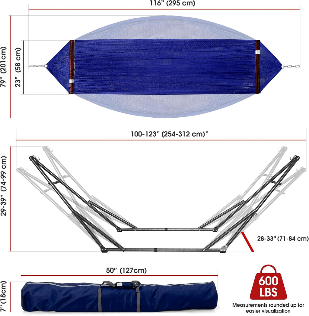 Tranquillo Camping Hammock and Stand, Collapsible Camping Hammock with Stand, 600 lbs Capacity Foldable Hammock for 2 Persons, Premium Noiseless No Screws Heavy Duty Multifunctional Stand, Blue