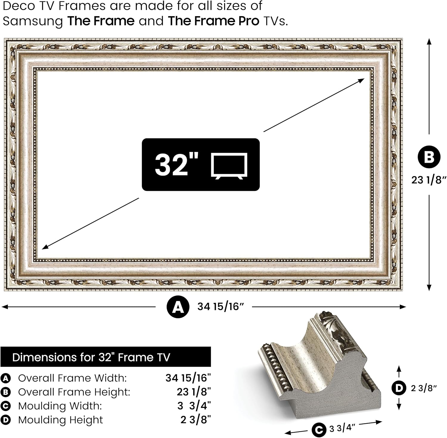Ornate Silver 32' Premiere Deco TV Frame - Compatible ONLY with Samsung The Frame TVs (Fits 2021-2025, LS03A, LS03B, LS03C, LS03D, LS03FA)