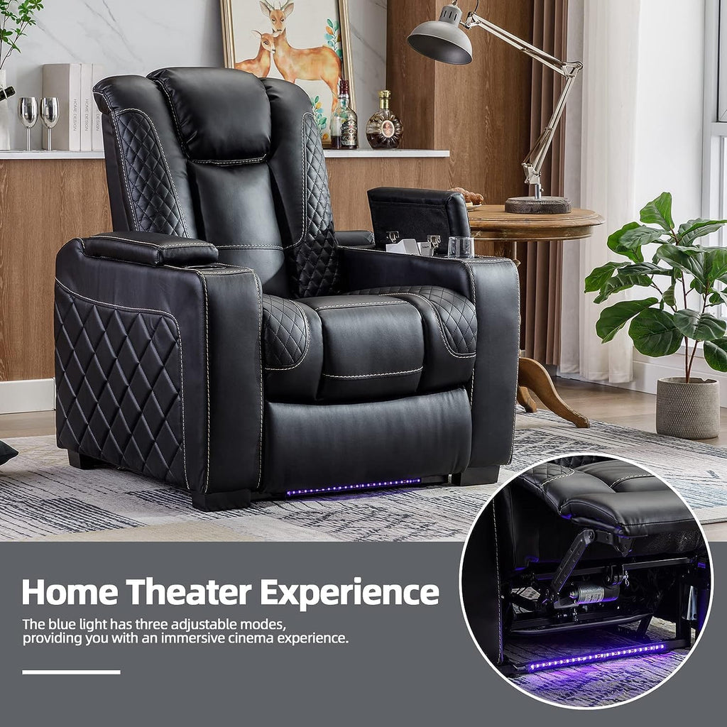 CANMOV Home Theater Seating Set of 2, Faux Leather Electric Power Recliner Chair with Ambient Lighting, Power Headrest, Lumbar Support, Cup Holders, Hidden Arm Storage, USB Ports, Black