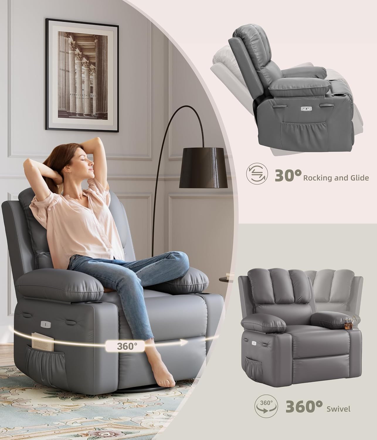 GarveeHome Oversized Recliner Chairs with Heat and Massage, Lazy Recliner Chair for Adults- Manual Chair with Cup Holder for Living Rooms, Bedrooms and Nurseries (Grey)