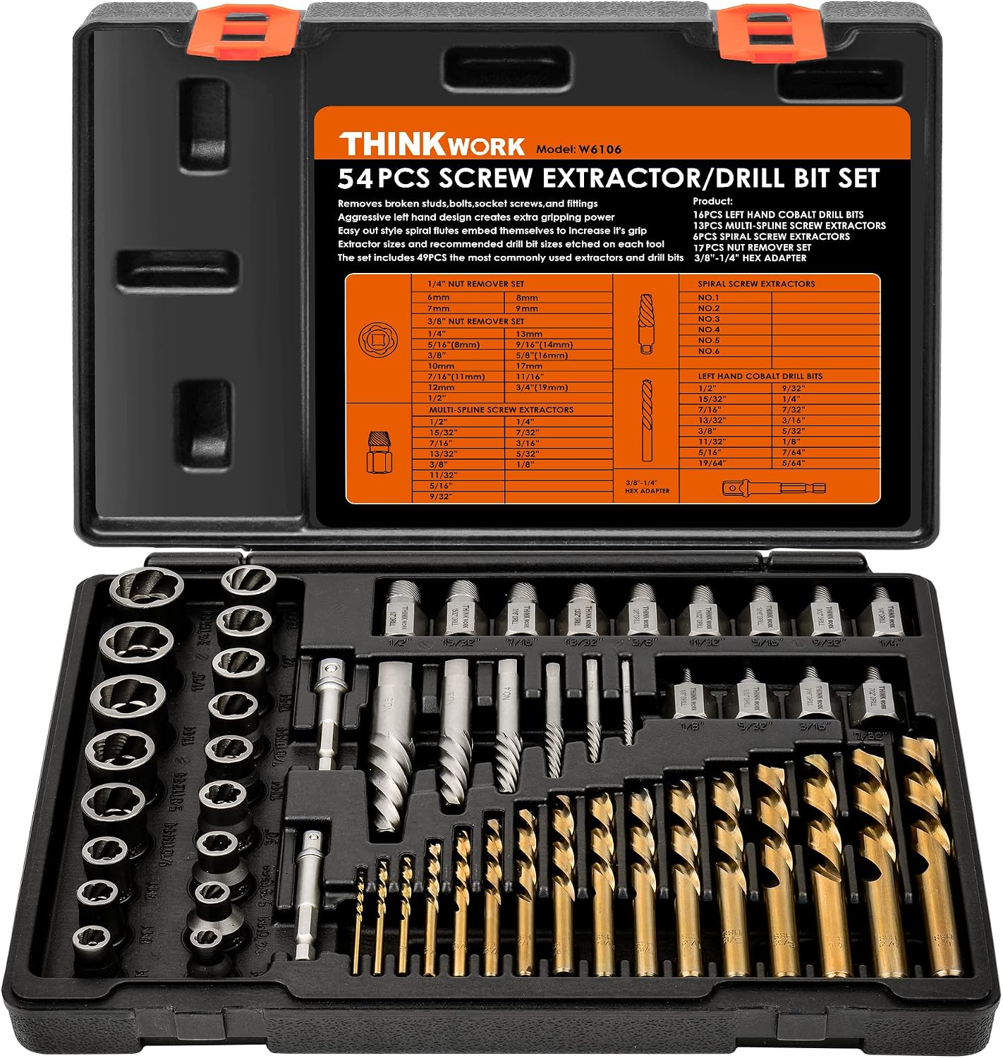 THINKWORK Broken Bolt Extractor Kit, 54 Pieces Easy Out Screw Extractor Set, Lug Nut Removal Tool with Left Hand Drill Bit Set for Removing Damaged, Frozen, Rusted, Rounded-Off Bolts, Nuts & Screws