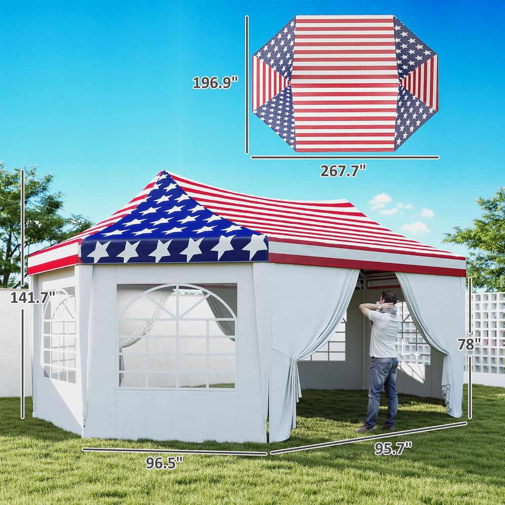Outsunny 22.3 x 16.4 ft Party Tent, Heavy Duty Event Tent with Sidewalls, 2 Doors and 6 Windows, Outdoor Gazebo Shelter for Wedding, Party, American Flag