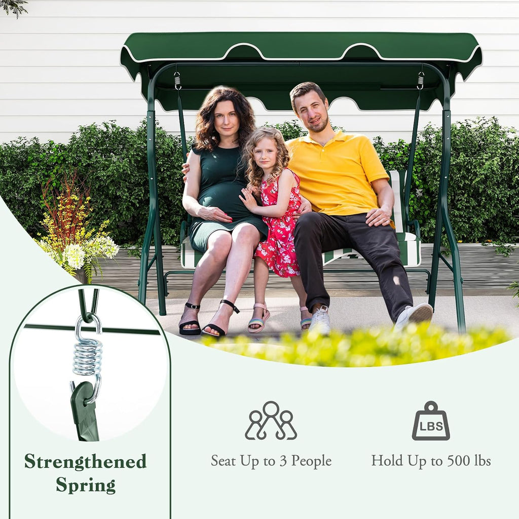 DREAMADE Porch Swing Outdoor, 3 Person Patio Swing w/Removable Cushion, Stand & Adjustable Canopy, Heavy Duty Swing Chair for Patio, Garden, Courtyard, Poolside