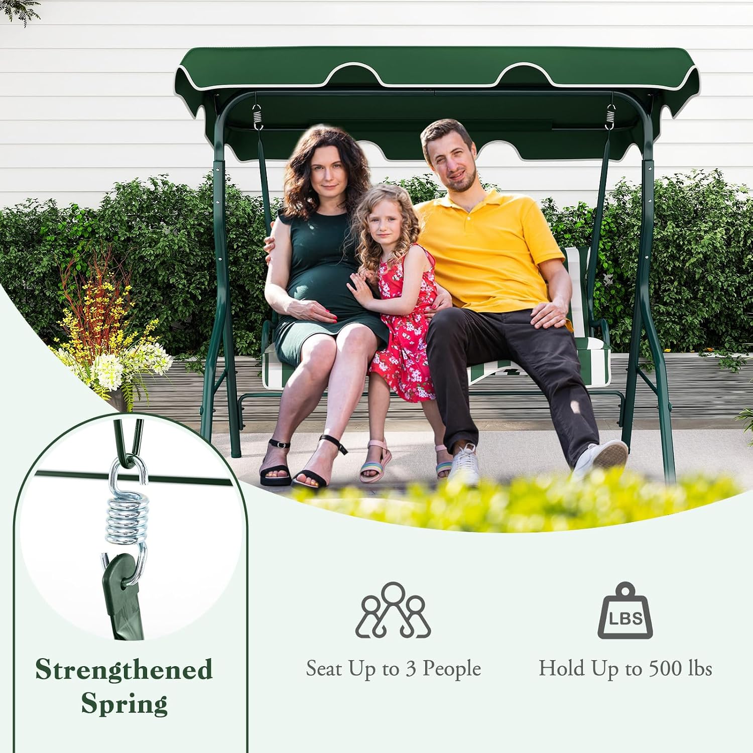 DREAMADE Porch Swing Outdoor, 3 Person Patio Swing w/Removable Cushion, Stand & Adjustable Canopy, Heavy Duty Swing Chair for Patio, Garden, Courtyard, Poolside