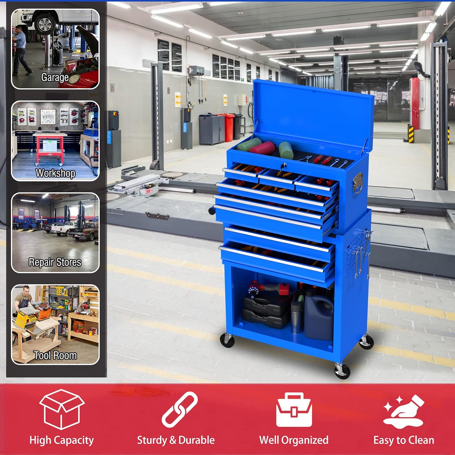 8 Drawers Rolling Tool Chest with Drawers, High Capacity Toolbox on Wheels, Lockable Drawers Tool Box Organization and Storage, Tool Cabinets on Wheels for Garage and Repair Shop (Blue, 8 Drawers)