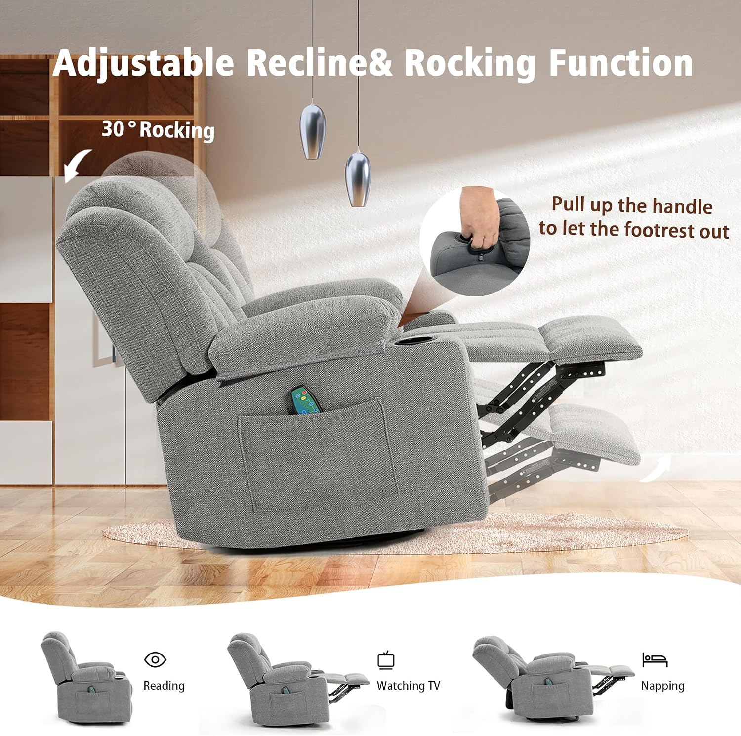 Ketaiyou Rocker Swivel Recliner Chair for Adults, Overstuffed Large Manual Recliner Glider with Massage and Heat, Comfy Soft Fabric Living Room Reclining Sofa Chair (Lime Gray)