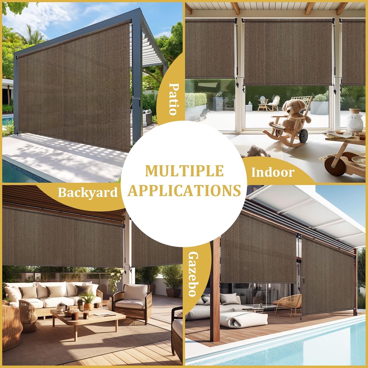 Shade&Beyond Outdoor Roller Shades with Splicing Design, 10' W x 8' H Exterior Cordless Patio Roll Up Blinds for Porch, Gazebo, Pergola, Balcony, Mocha