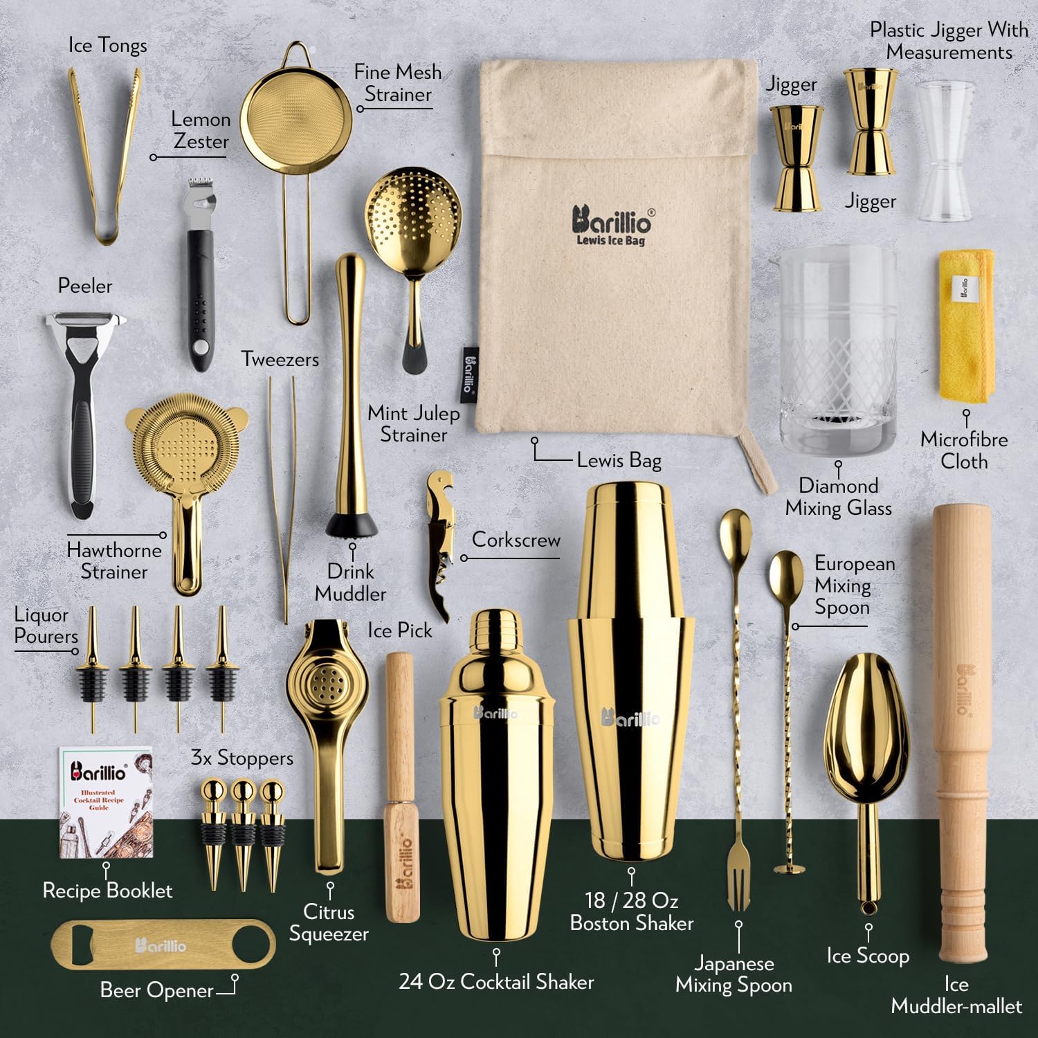 Barillio Bar Tool Set Pro Edition - Gold Stainless-Steel Cocktail Shaker Set - Mixology Bartender Kit w/Boston Shaker, Drink Mixer & Muddler for Cocktails - Home Bar Accessories - 32-Pc Bar kit