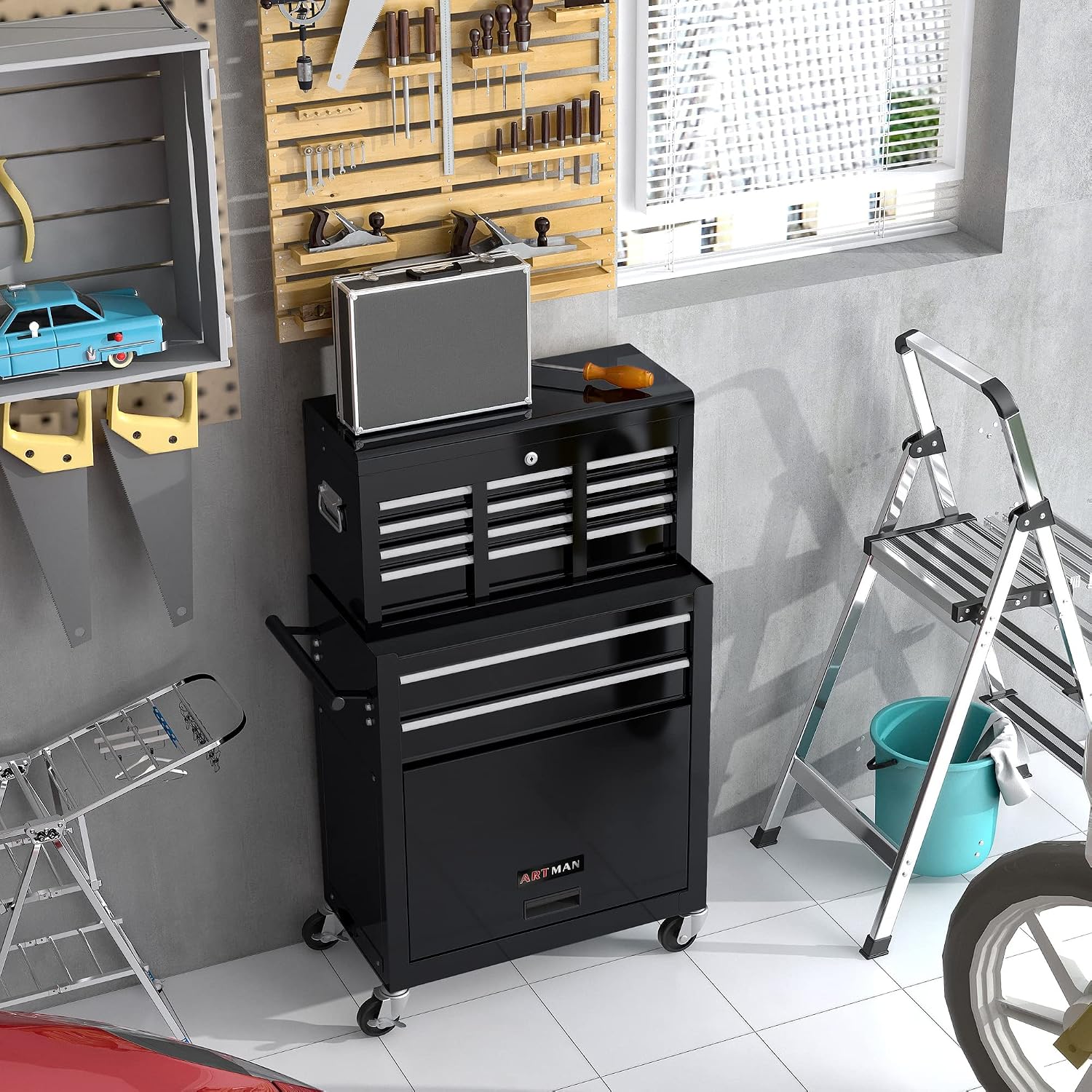 High Capacity Rolling Tool Chest with 8-Drawer Tool Box on Wheels Multifunctional Tool Cart Mechanic Tool Storage Cabinet for Garage, Warehouse, Workshop, Repair Shop (Black)