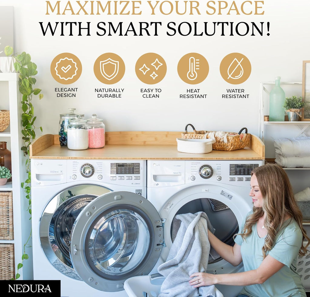 Nedura Washer Dryer Countertop for Washing Machine w/Anti-Vibration Pads&Curved Edge Rails, Bamboo Laundry Countertop, Washer Dryer Topper, Laundry Room Organization, Laundry Room Accessories-Natural