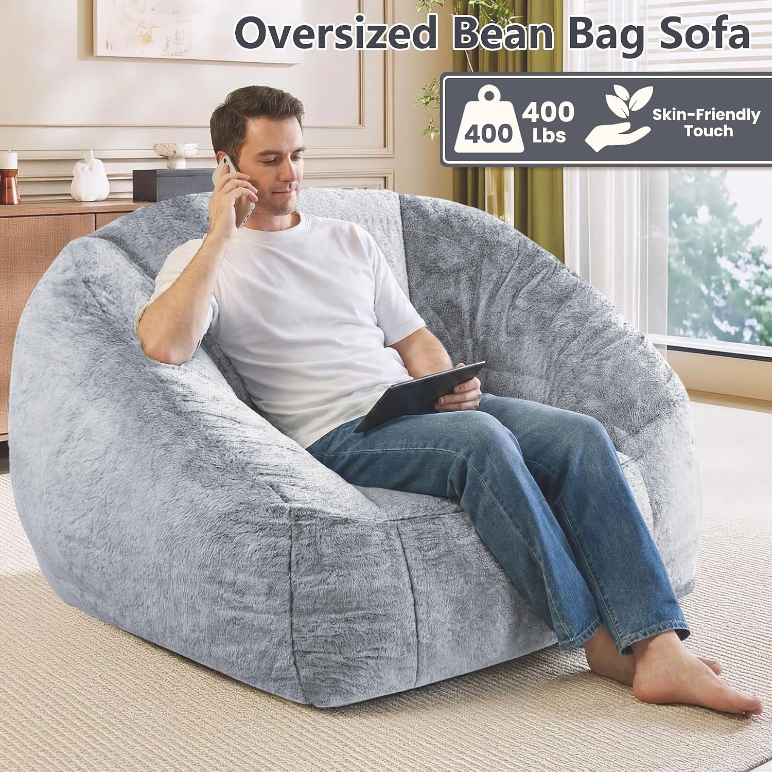 Bean Bag Chairs for Adults, Giant Beanbag Sofa Comfy Reading Chair, Oversized Bean Bag Chairs for Living Room Bedroom, Soft Faux Fur Fabric, 3.2FT, Dark Grey, Plush