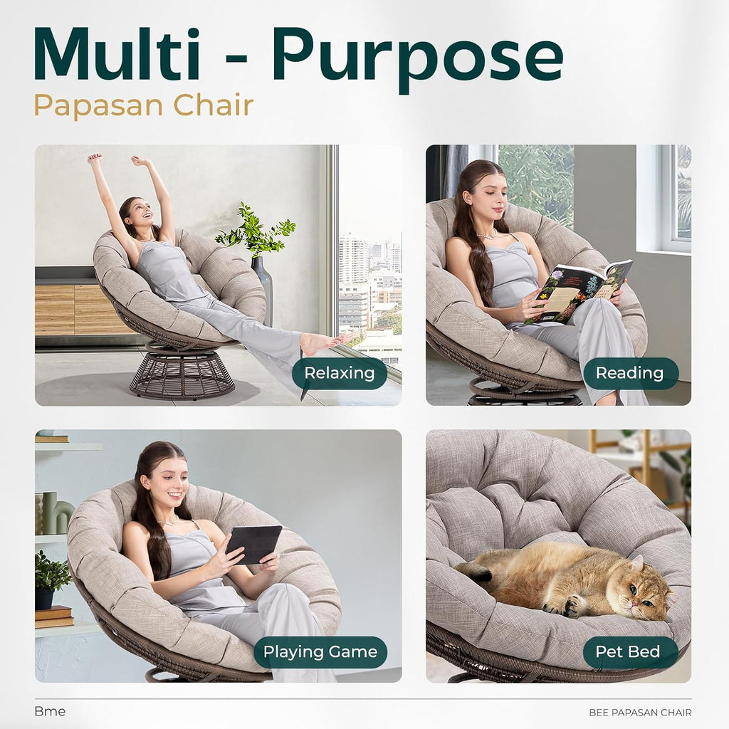 Bme 40' Ergonomic Wicker Papasan Chair with Soft Thick Density Fabric Cushion, Bee-Designed Base, High Capacity Steel Frame, 360 Degree Swivel for Living, Bedroom, Reading Room,...